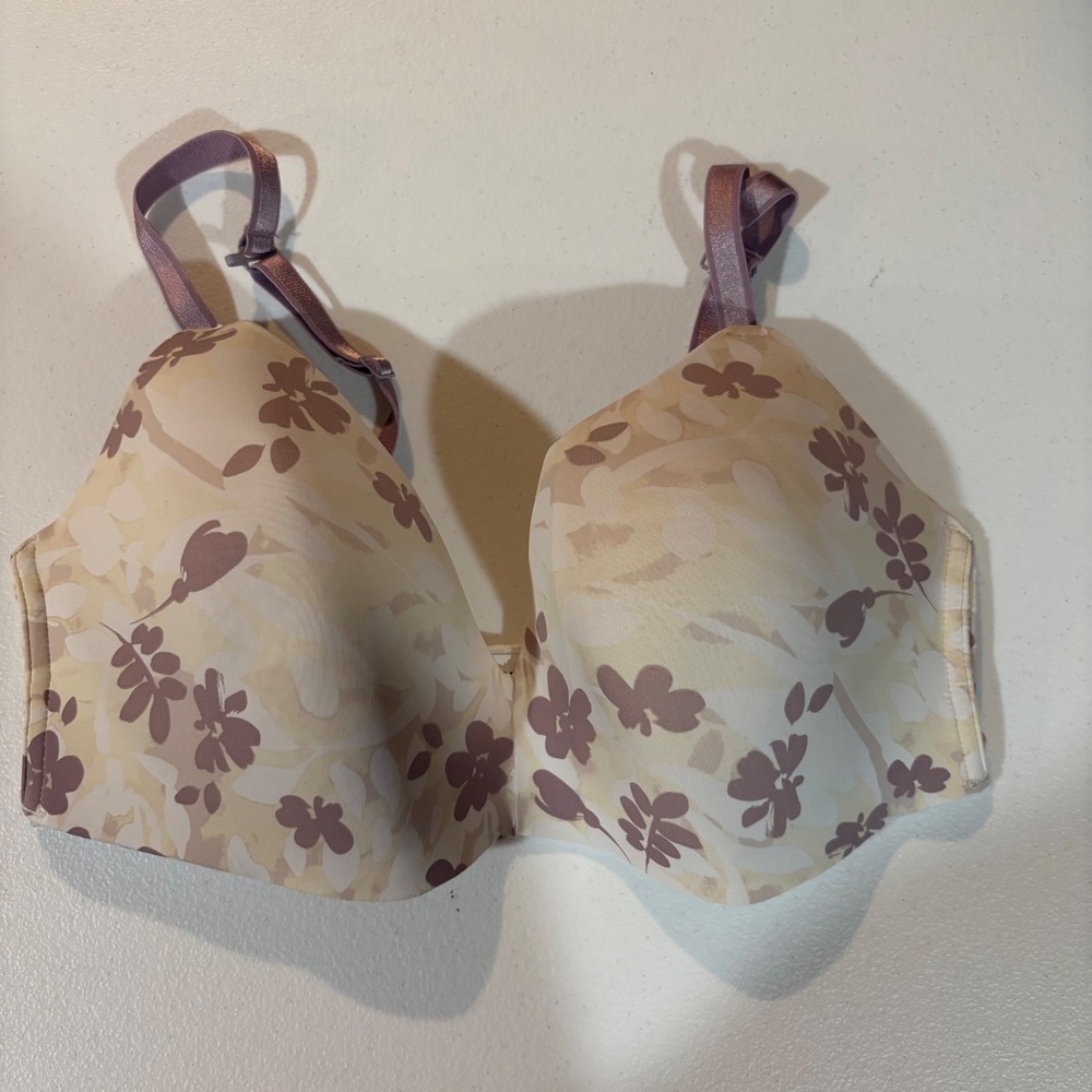 Auden Women Breast‎ Nursing Bra 36D Floral Tan Purple Botanical Print Comfort